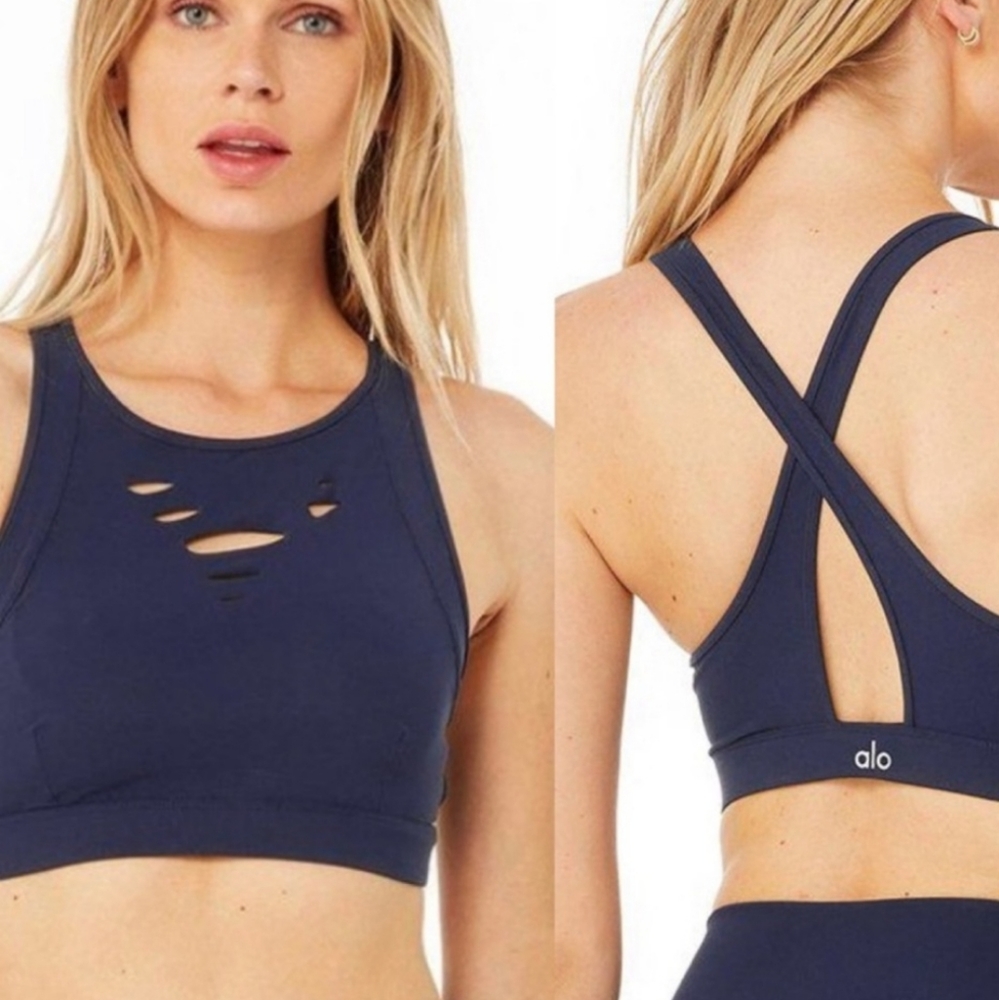 Alo Yoga Ripped Warrior Crossback Sports Bra in True Navy Blue